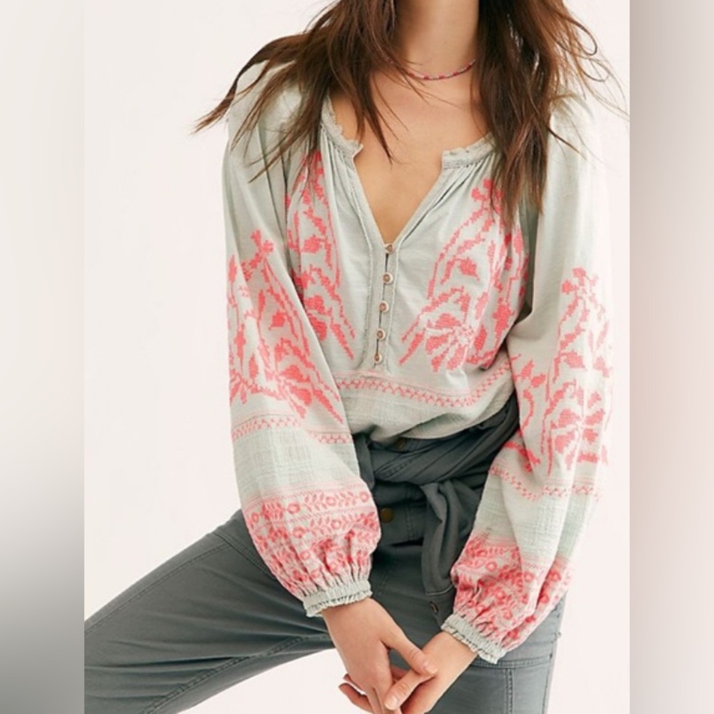 Pristine Free People Persuasion top heavy embroidery oversized sleeve cotton XS - Picture 1 of 8